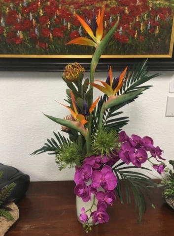 Contemporary tropical silk flower arrangements