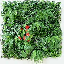 artificial green wall - boxwood, ferns and red flower mat