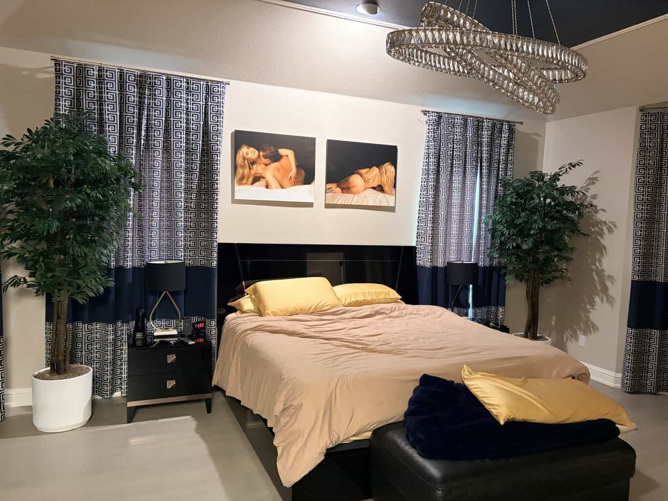 Elegant bedroom with silk curtains and modern art, showcasing Pacific Silkscapes' interior design.